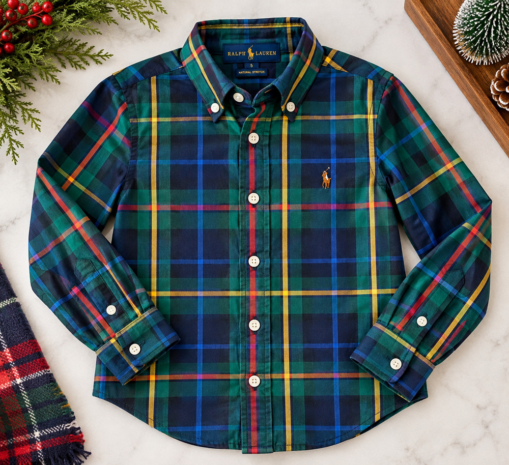 Polo Ralph Lauren Boys 5 Plaid Oxford Shirt Green Navy Holiday Christmas